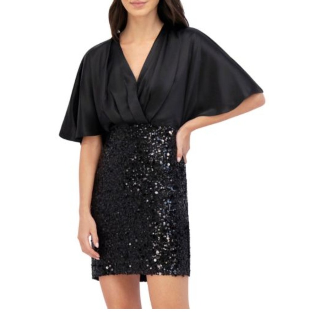 NEW Eliza J Black Dress 6 Embellished Surplice Neck Sequinned Cocktail Minidress